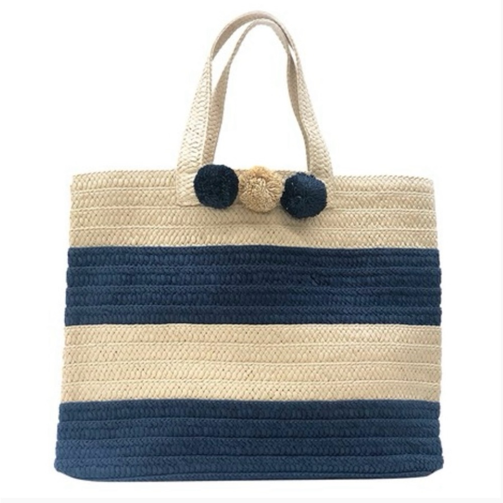BEYOND THE BEACH BAHAMA MAMA TOTE IN NATURAL & NAVY, LINEN LINED. New
